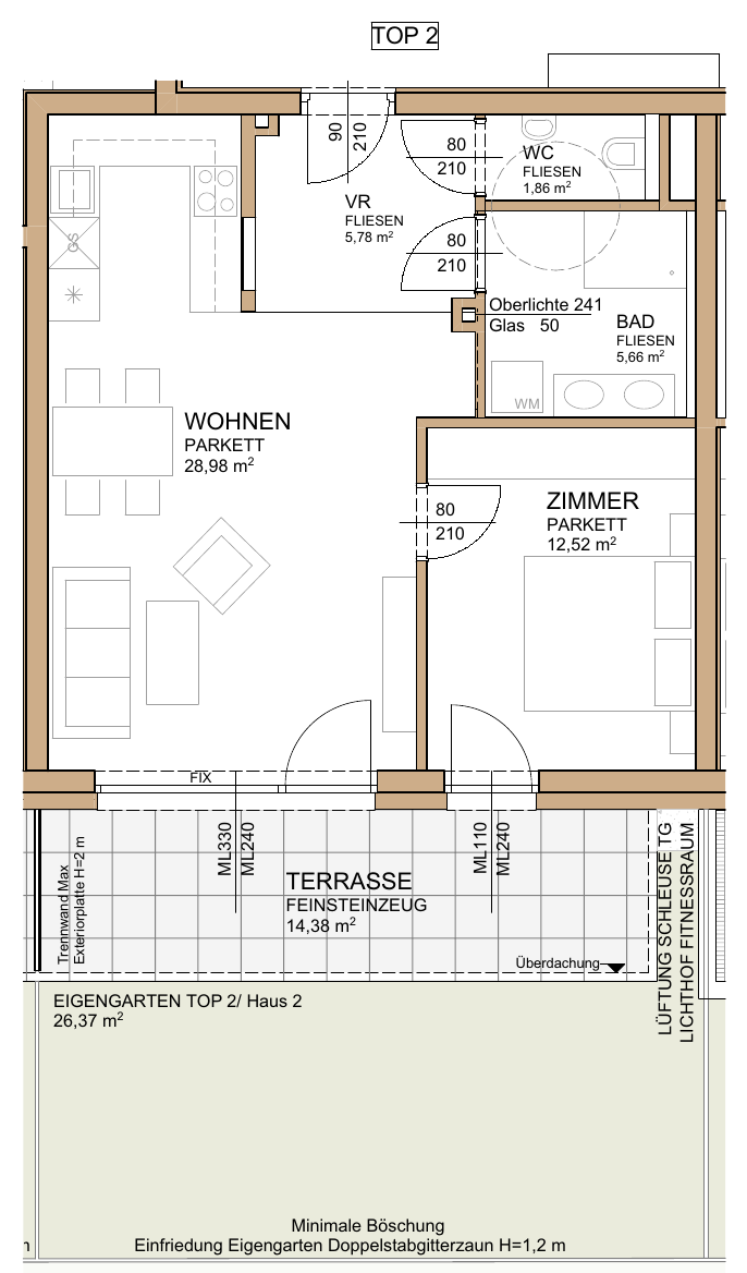 Grundriss Haus 2, TOP 2: Vorraum, WC, Bad, Wohnen mit Küche, Zimmer, Terrasse und Eigengarten