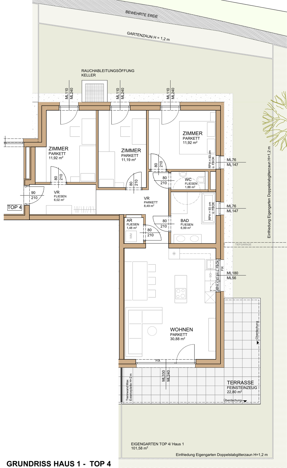 Grundriss Haus 1, TOP 4: drei Zimmer, Vorraum, Bad, WC, Abstellraum, Wohnen mit Küche, Terrasse und Eigengarten